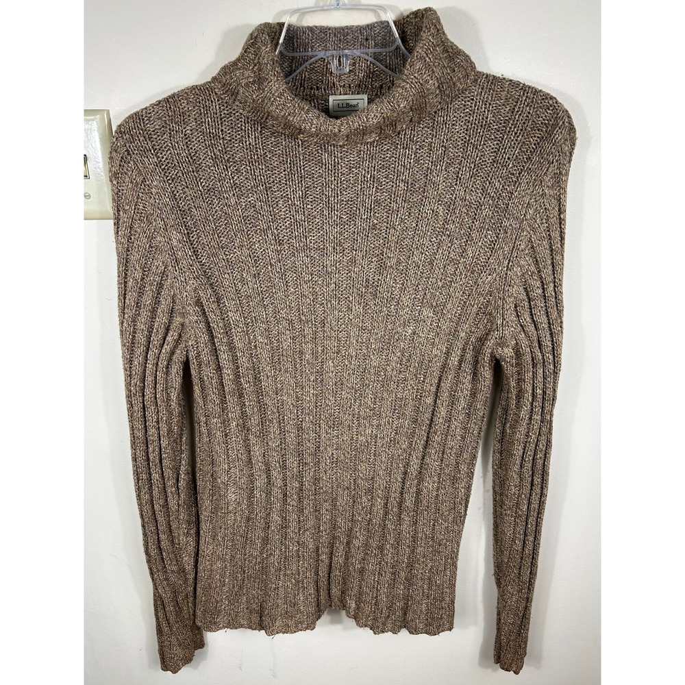 LL Bean Turtleneck Sweater Womens L Brown Silk Cotton Lambswool Ribbed Marled